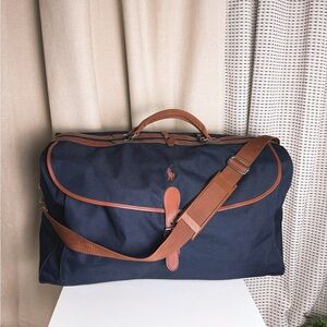 Vintage Polo Canvas Weekender Duffle Bag - Navy Blue & Camel Leather